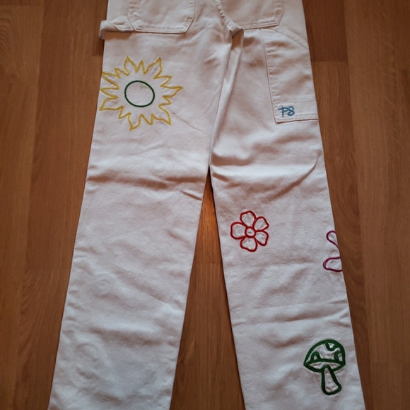 PacSun Women's 22 XXS Low Rise Carpenter Embroidered Jeans White Mushroom Flower - Picture 4 of 10